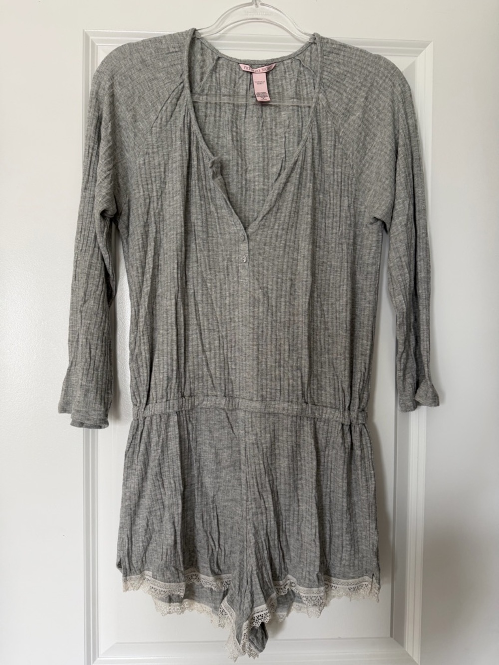 Grey Ribbed Lace-Trim Pajama Romper